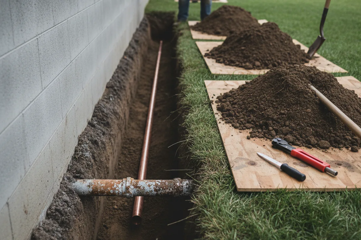 Excavated water line trench during Water Softener Installation in Clark Mills